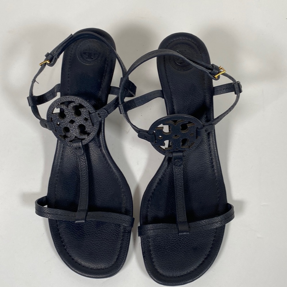 Tory Burch Black T-Strap Sandals with Medallion